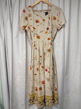 Vintage Cottagecore Erika Dresses Linen Blend Floral Midi Dress Size Medium